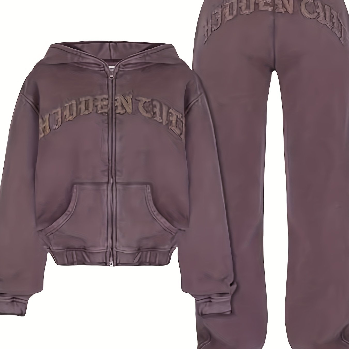 Chic Women's Athletic Set: Full-Zip Hoodie & Slim-Fit Pants - Comfortable, Adjustable, and Stylish with Letter Print Design - SS69