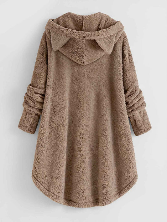 Plus Size - Women'S Plus Size Casual Teddy Hoodie with Cat Ears and Button Details | Long Sleeve, Asymmetrical Hem, Fall/Winter, Animal Print, Pullover Style