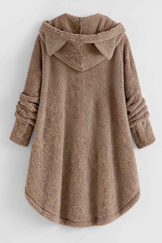 Plus Size, Women's Plus Size Cat Print Button Detail Hem Plush Casual Long Sleeve Hooded Sweatshirt