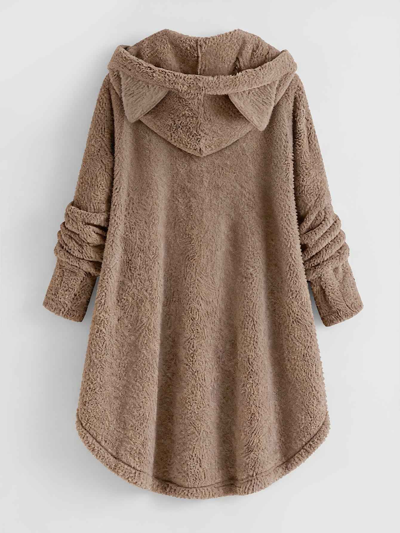 Plus Size, Women's Plus Size Cat Print Button Detail Hem Plush Casual Long Sleeve Hooded Sweatshirt