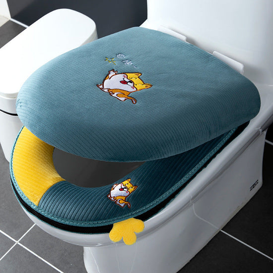 2pcs/3pcs Winter-Themed Toilet Seat Cover Set, Soft Plush Padded Covers, with Embroidered Cartoon Design, Easy to Clean, Portable, with Zipper Closure for All Seasons SS69