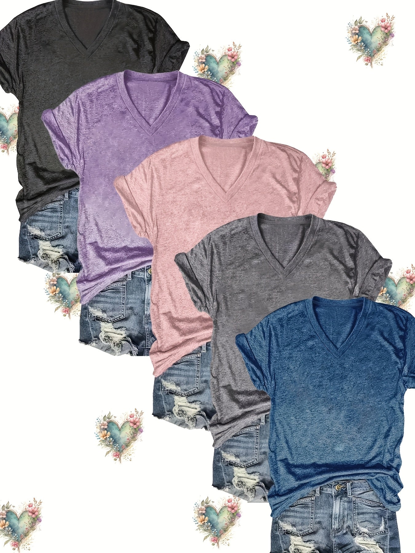 5pcs Women'S Solid Color V-Neck T-Shirts, Casual Short Sleeve Tops for Spring & Summer, Soft & Comfortable, Lightweight Tee Shirts in Pink, Green, Gray, Purple, Blue, Yellow, Casual Summer Wear | Vneck Top | Lightweight Tee SS69