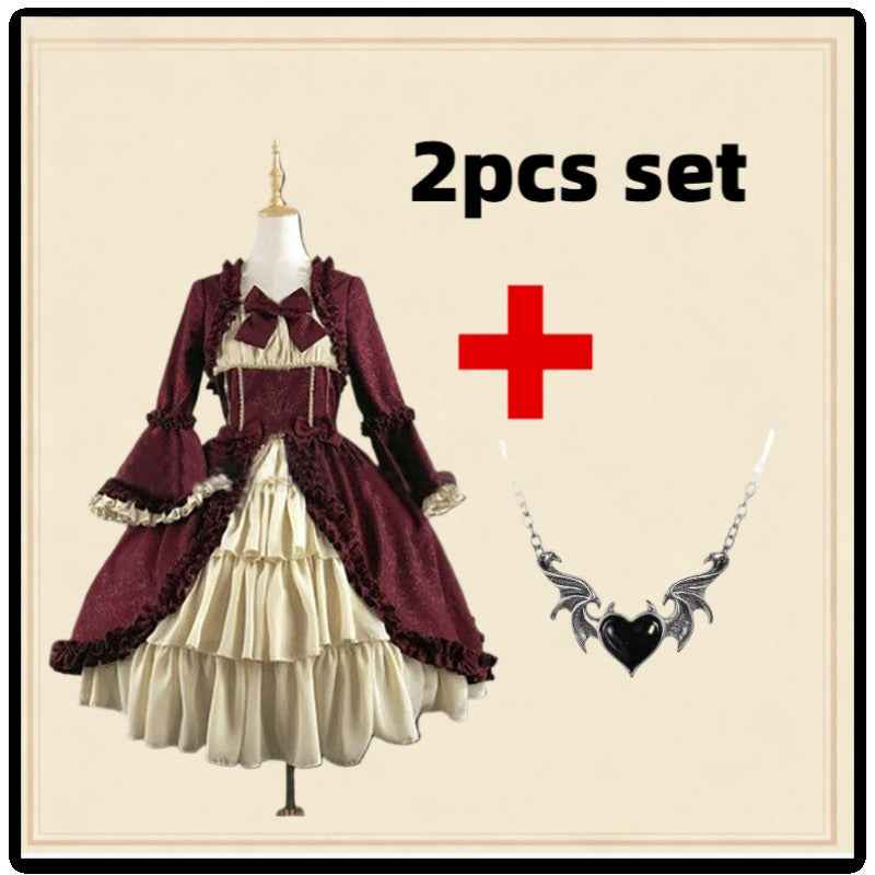 Medieval Victorian Steampunk Costume Dress Set - Square Neck Corset Bodice, Ruffled Lace-like Skirt & Waist Sash with Free Necklace - Renaissance Faire,, Themed Party Outfit for (Burgundy/Maroon)