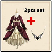Medieval Victorian Steampunk Costume Dress Set - Square Neck Corset Bodice, Ruffled Lace-like Skirt & Waist Sash with Free Necklace - Renaissance Faire,, Themed Party Outfit for (Burgundy/Maroon)