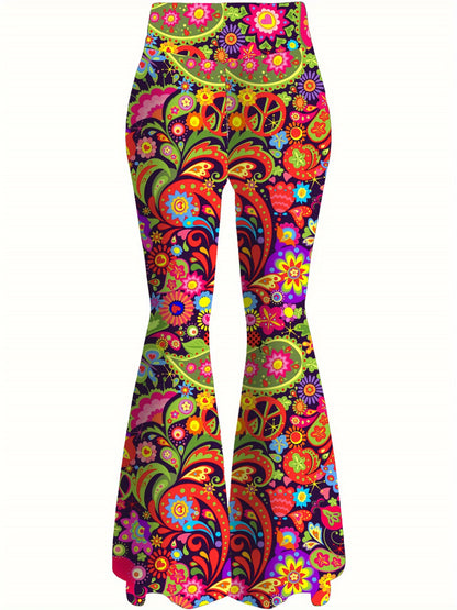 Women's High-Waisted Flared Pants - Stretchy Floral bell-bottoms with Elastic Waist, Non-See-Through Fabric for Parties, Everyday & Formal Events - Machine Washable All-Season Trousers, Party Attire, Comfortable Fit, Versatil