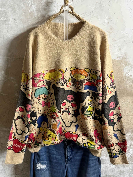 Sanrio for kuromi Women'S Vintage-Inspired Faux Fur Sweater - Cozy Loose Fit, Color-Block Design with Playful Cartoon Print, Long Sleeves, Round Neck, Perfect for Fall/Winter, Casual Wear, Casual Wear Sweater | Playful Print