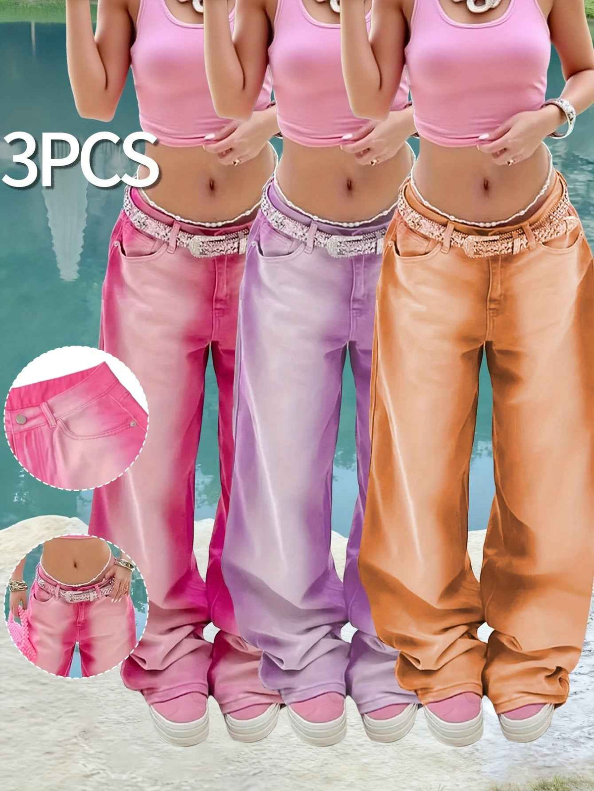 Women's 3pcs Novelty Pants, Macaron Color, 2025 Fall/winter New Arrival, High-waisted Straight-leg Jeans, And Loose Fit, Extremely Versatile, Comfortable And Body-hugging, Suitable for s And Casual Occasions