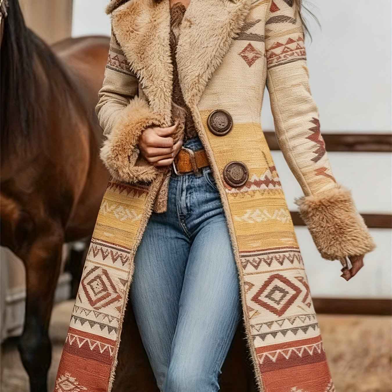 Women's Western Retro Style Winter Warm Coat - Western Print Jacket with Collar, Machine Washable Outerwear for Fall & Winter, Non-Stretch Blazer for Casual or Dressy Outfits