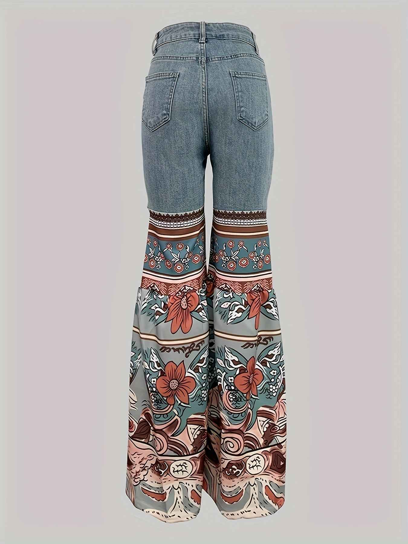 Women'S New Retro Printed High Waisted Pocket Jeans, Loose Casual Flared Pants