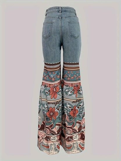 Women'S New Retro Printed High Waisted Pocket Jeans, Loose Casual Flared Pants