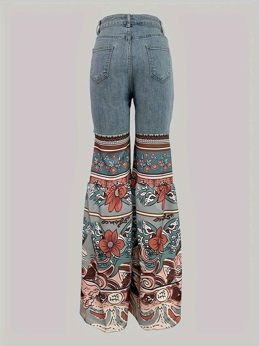Women'S New Retro Printed High Waisted Pocket Jeans, Loose Casual Flared Pants