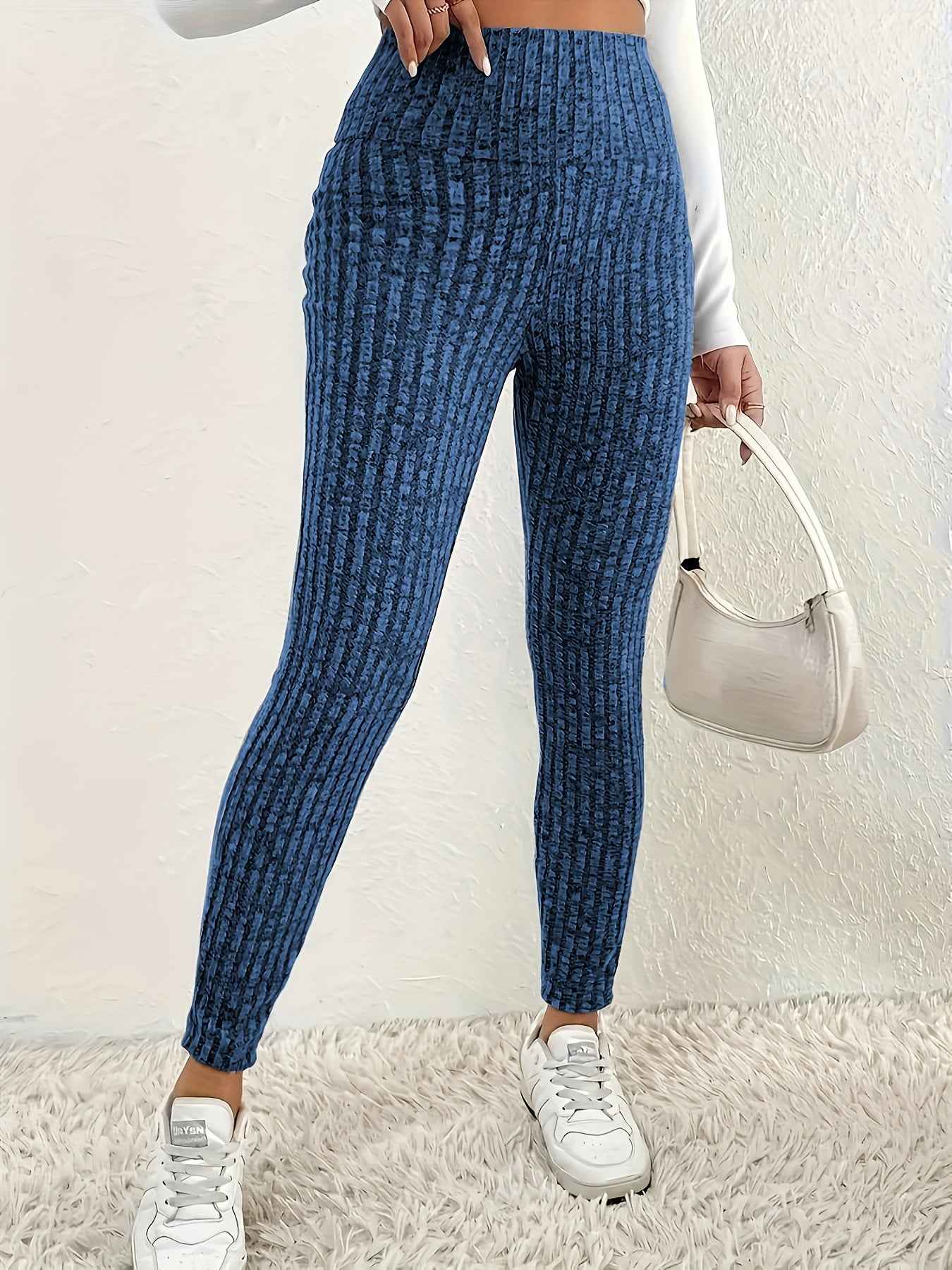 1pc Plus Size High Waist Solid Color Knit Leggings, Casual Stretchy Slimming Tights for Women, Polyester Knitted Fabric, Autumn/Winter Season