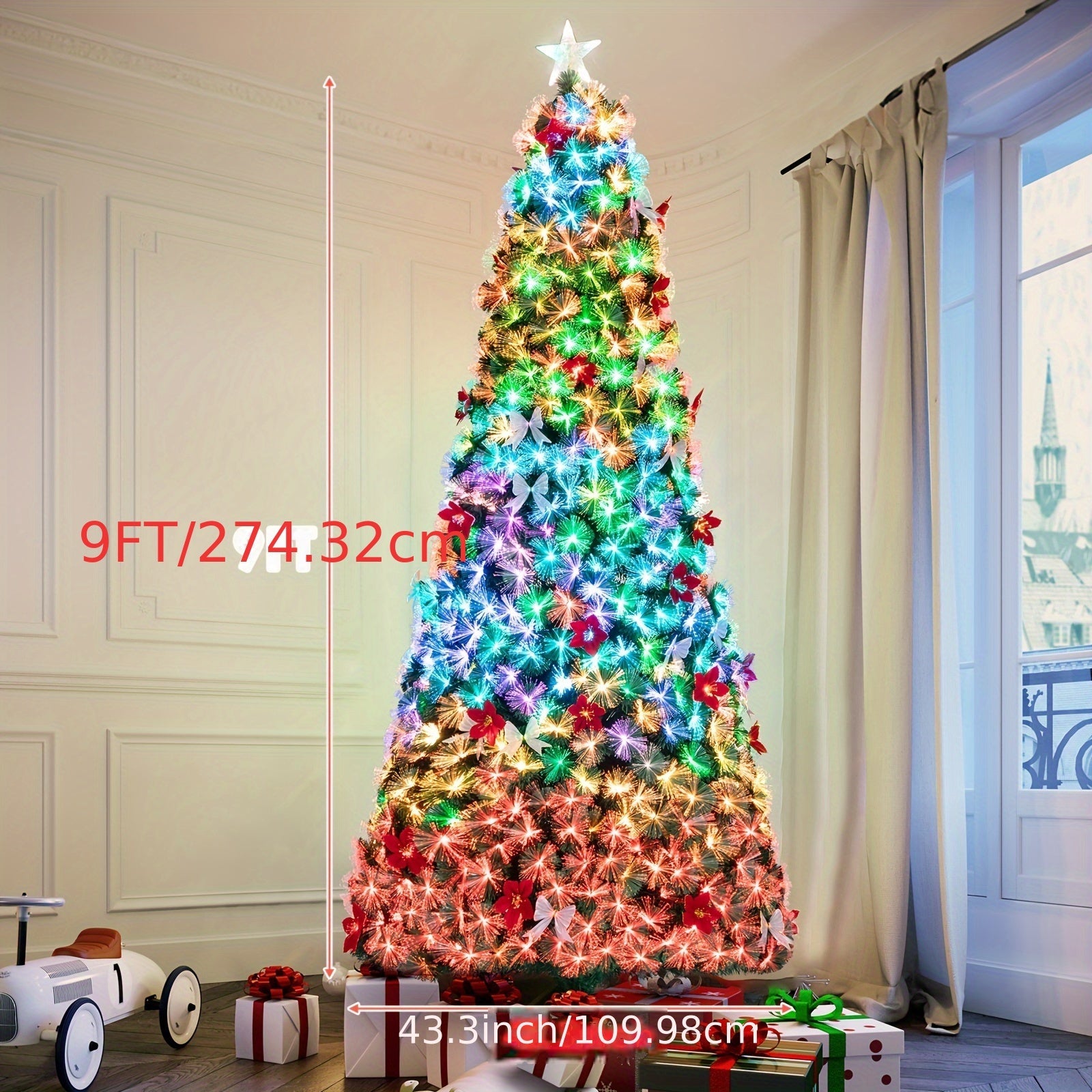 Pre-lit Christmas Tree, Fiber Optic Pre-lit Christmas Tree With Artificial Flowers And Bows, Multi-color Changing LED Lights, Starlight On Top, For Home Decoration, Holiday Party SS69 155.69 9FT