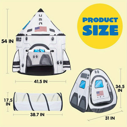 White Rocket Ship Pop up Play Tent with Tunnel for Kids, Playhouse Kids Indoor Outdoor Spaceship Tent Set, birthday gifts for boys and girls