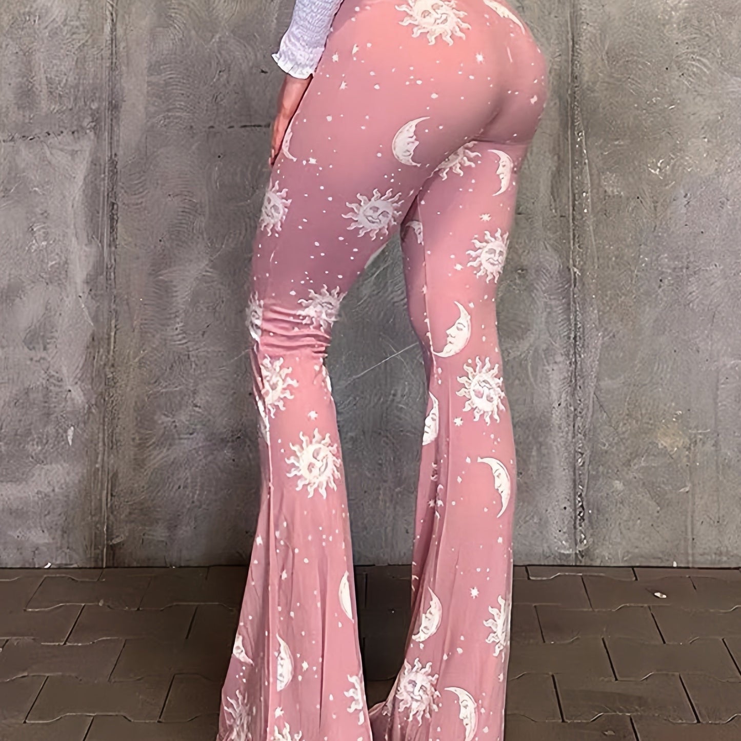 Polyester Spandex Blend Flare Leg Pants - Galaxy Moon Sun Print - Young Style for Adult Women - Spring/Fall Season - SS69