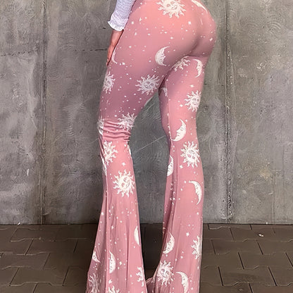 Polyester Spandex Blend Flare Leg Pants - Galaxy Moon Sun Print - Young Style for Adult Women - Spring/Fall Season - SS69