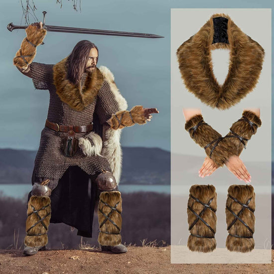 Ancient Warrior, Viking-Inspired Costume Set - 11pcs With Faux Fur Collar, Belt, Medieval Pouch, Leg & Hand Warmers For Halloween Party, Halloween Costumes