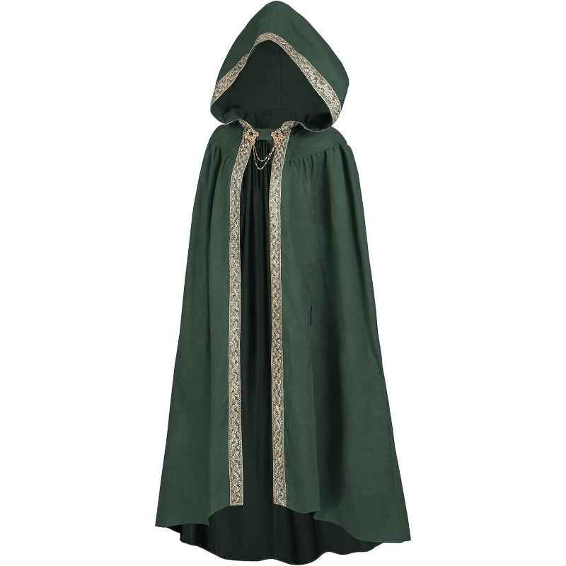 Medieval-Style Hooded Cape Costume, Celtic Knot & Satin Trim, Adjustable Tie-Front Closure, Renaissance Faire Outfit for Renaissance Festival Cosplay Themed Parties, Beige Pink Dark Green Burgundy