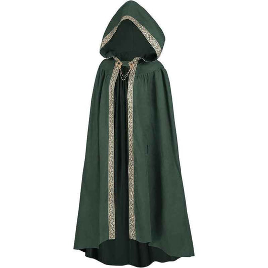 Medieval-Style Hooded Cape Costume, Celtic Knot & Satin Trim, Adjustable Tie-Front Closure, Renaissance Faire Outfit for Renaissance Festival Cosplay Themed Parties, Beige Pink Dark Green Burgundy