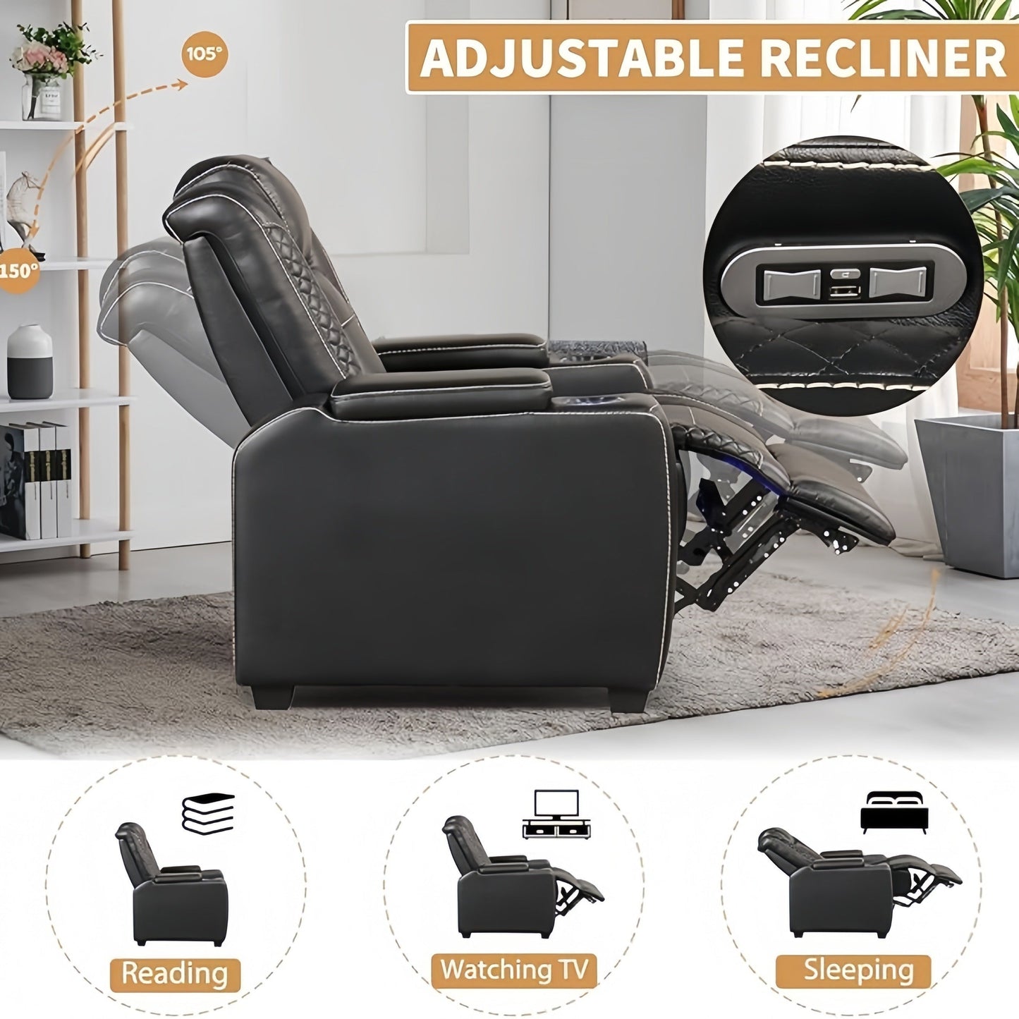Power Recliner Home Theater Seating, Electric Recliner Chair With Adjustable Headrest, PU Leather Dual Motor Movie Reclining Chairs With Cup Holders LED Lights, USB Port, Hidden Arm Storage SS69