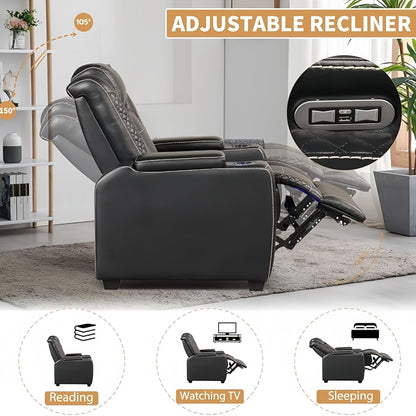 Power Recliner Home Theater Seating, Electric Recliner Chair With Adjustable Headrest, PU Leather Dual Motor Movie Reclining Chairs With Cup Holders LED Lights, USB Port, Hidden Arm Storage SS69
