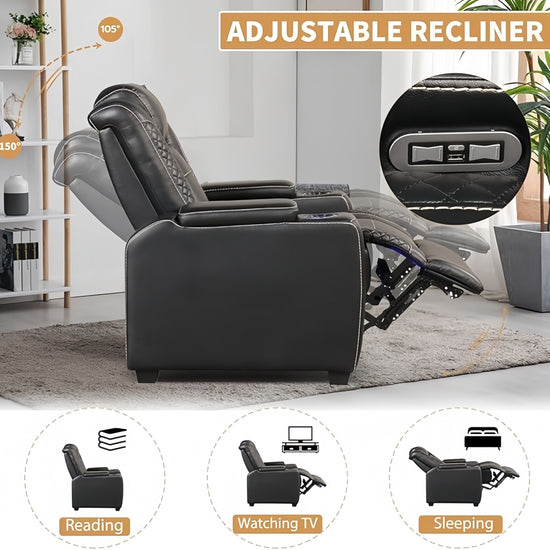 Power Recliner Home Theater Seating, Electric Recliner Chair With Adjustable Headrest, PU Leather Dual Motor Movie Reclining Chairs With Cup Holders LED Lights, USB Port, Hidden Arm Storage SS69