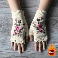 Short Fingerless Elastic Flower Bee Embroidered Knit Gloves Autumn Winter Coldproof Warm Gloves
