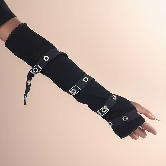 Black Fingerless Gloves - Stylish Streetwear Gothic Punk Arm Sleeves with Long Wrap Design, Polyester Knit, Perfect for Outdoor Travel, Dancing, Performances, Parties, and Cosplay SS69