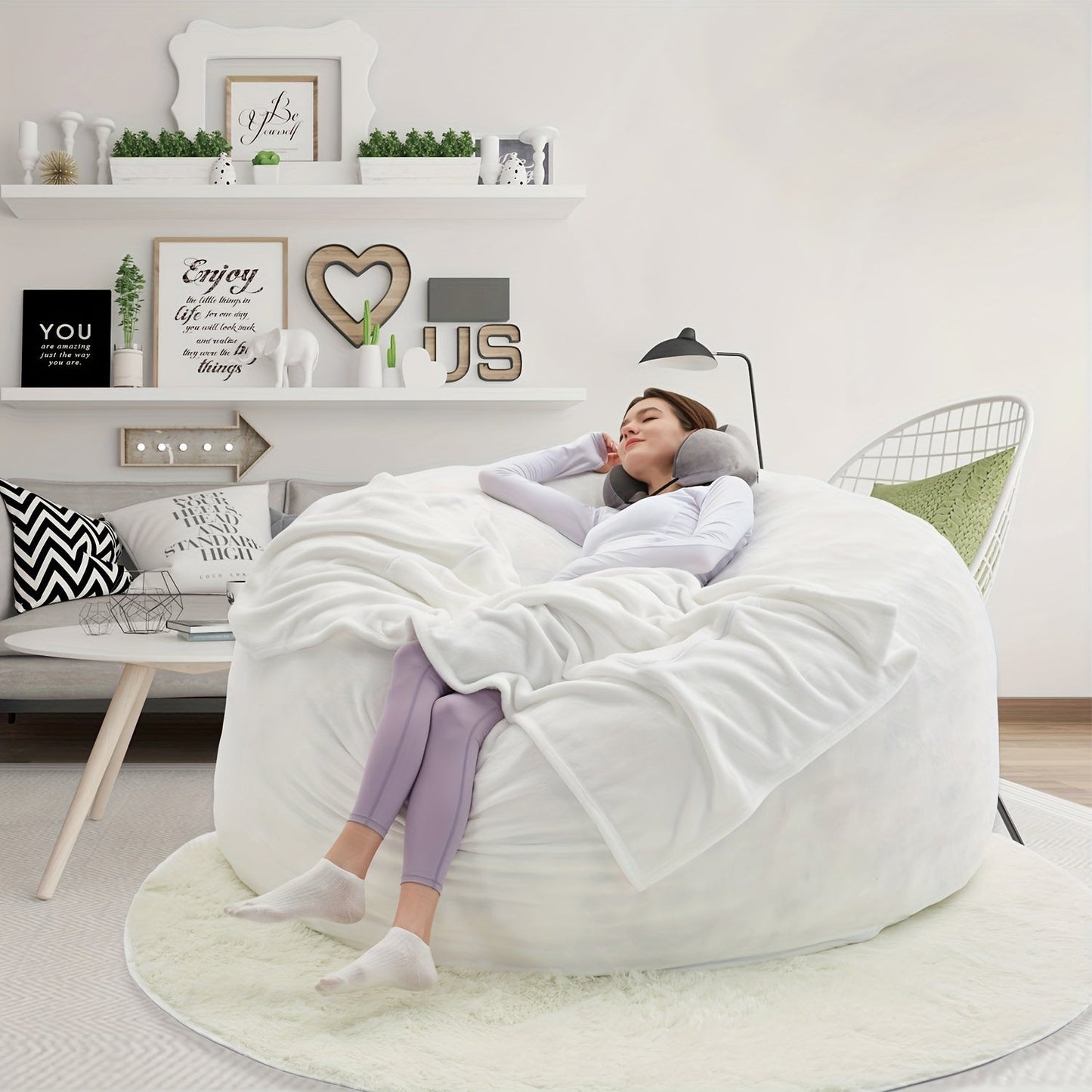 Bean Bag Chair(Give 3 Gifts:U-shape Pillow, Blanket Pillow, 6FT Carpet)Comfy Lazy Sofa Bed, Including 50 Pounds Of Filler, Large 6' Bean Bags With Memory Foam Filled, Large Beanbag Chairs Soft Sofa With Flannel Cover SS69