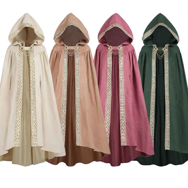 Medieval-Style Hooded Cape Costume, Celtic Knot & Satin Trim, Adjustable Tie-Front Closure, Renaissance Faire Outfit for Renaissance Festival Cosplay Themed Parties, Beige Pink Dark Green Burgundy