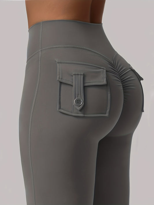Full Of Elasticity Slim Fit Women's Pocket Yoga Pants - High Waist, Wide Legs, Solid Color, With Phone Pocket - SS69