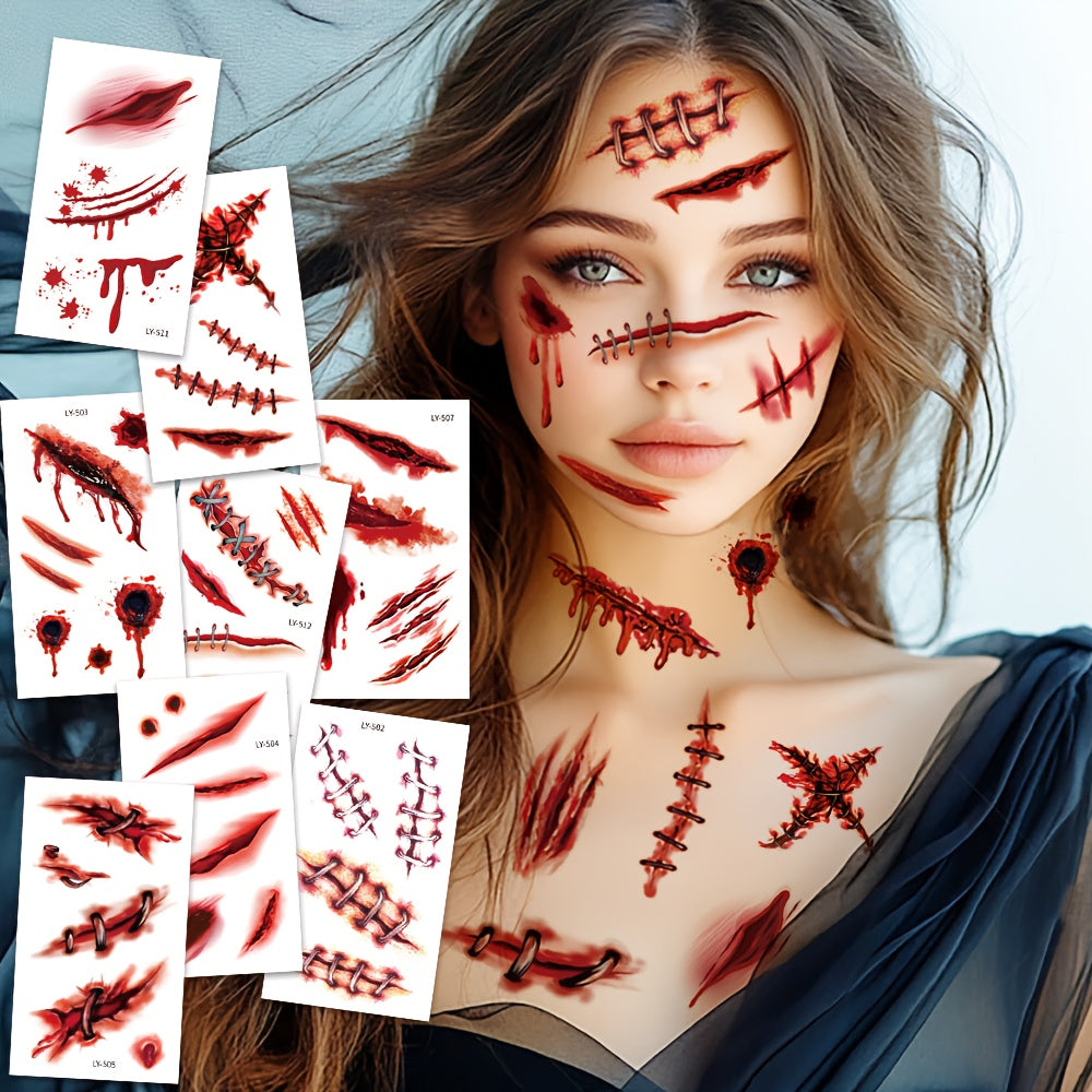 12 Sheets Halloween 3D Fake & Bloody Wound Temporary Tattoos for Adults - Realistic Horror Face & Body Paint with Lip, Jaw, Neck, Back, Leg Designs - Safe Non-Permanent Tattoo Makeup for Zombie Cosplay, Costume Parties & Pran SS69