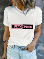 Blackpink Graphic Women's T-Shirt - Casual Short Sleeve Round Neck, Stretchy Polyester Blend, Embossed Floral & Letter Design, Perfect for Spring/Summer/Fall SS69