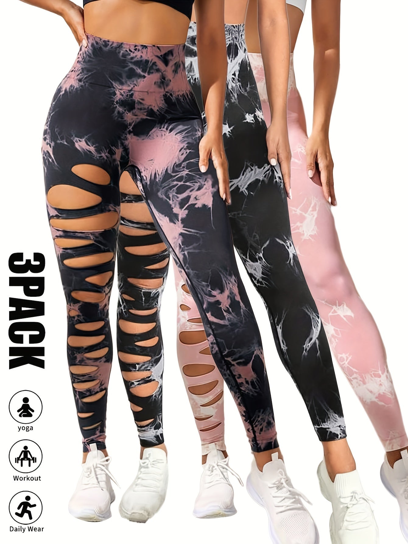 3 Pack High Waist Tie Dye Cutout Yoga Leggings - Scrunch Butt Lifting, Tummy Control, Elastic Workout Pants for Women SS69