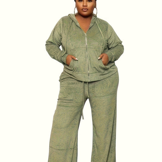 Plus Size - New Autumn And Winter Women'S Clothing in Large Sizes Featuring Solid Color Casual High-Waisted Wide-Leg Pants in a Two-Piece Set.