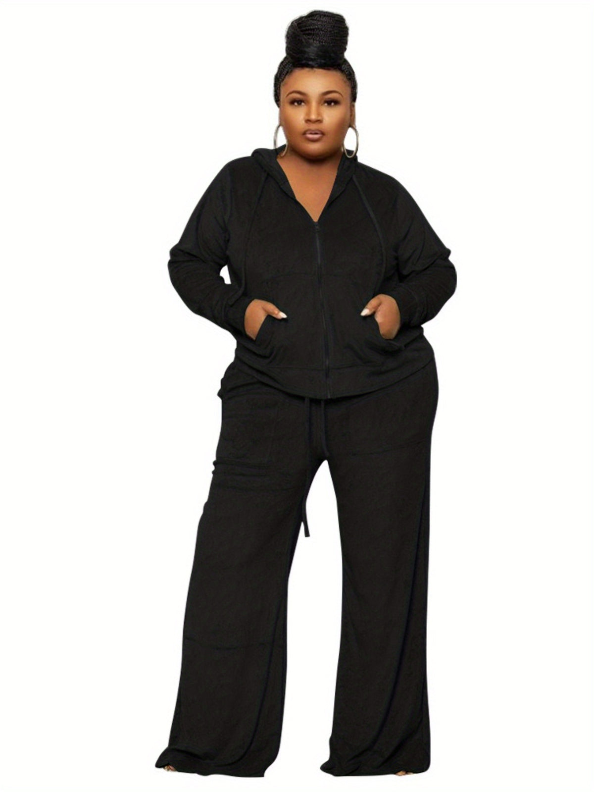 Plus Size - New Autumn And Winter Women'S Clothing in Large Sizes Featuring Solid Color Casual High-Waisted Wide-Leg Pants in a Two-Piece Set.