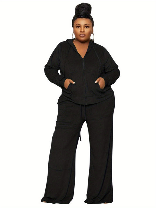 Plus Size - New Autumn And Winter Women'S Clothing in Large Sizes Featuring Solid Color Casual High-Waisted Wide-Leg Pants in a Two-Piece Set.