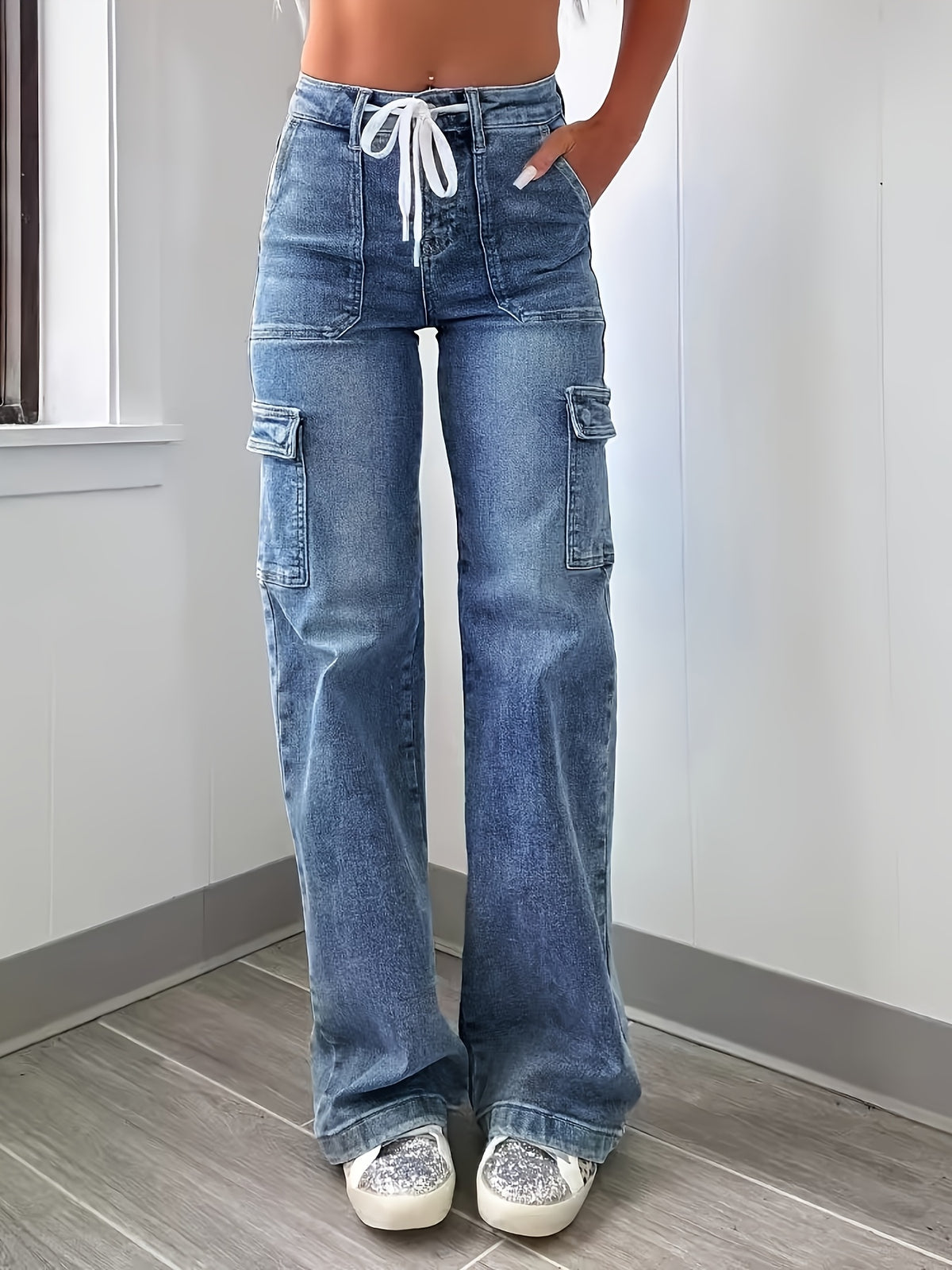 2025 New Style Women'S Leisure Straight-leg Jeans With Laces And Multiple Pockets. Casual Fashion Denim Fabric Sweatpants Jeans Fit Womenswear - SS69 