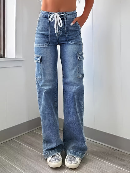 2025 New Style Women'S Leisure Straight-leg Jeans With Laces And Multiple Pockets. Casual Fashion Denim Fabric Sweatpants Jeans Fit Womenswear - SS69 