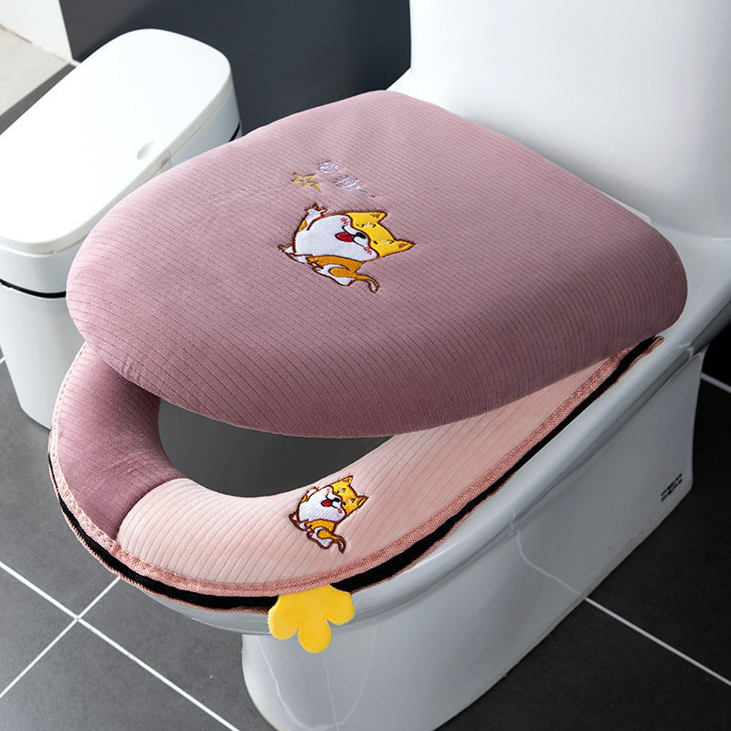 2pcs/3pcs Winter-Themed Toilet Seat Cover Set, Soft Plush Padded Covers, with Embroidered Cartoon Design, Easy to Clean, Portable, with Zipper Closure for All Seasons SS69 12.69 Want to be thin (pink) 1 set / Default