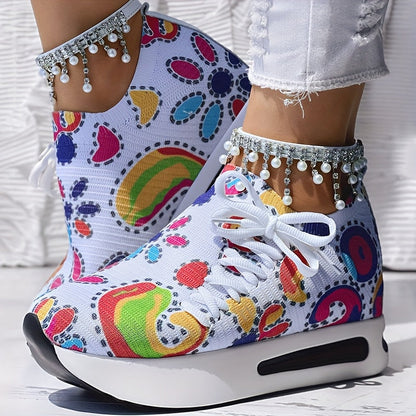 [Abstract Sneakers] Casual Abstract Print Wedge Sneakers | Side Lace-up - Without Anklet SS69