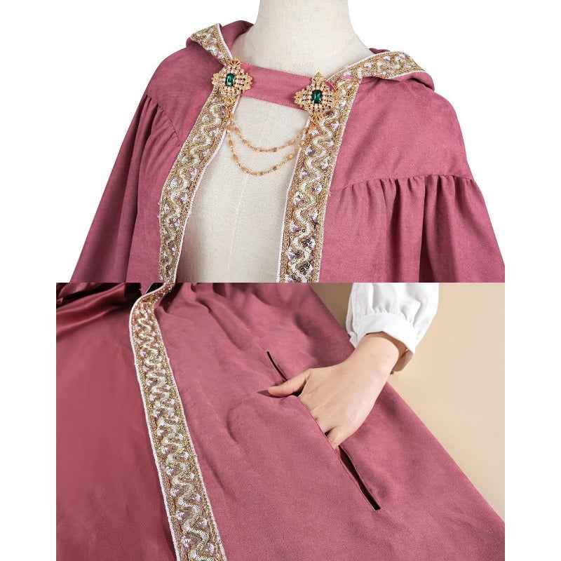 Medieval-Style Hooded Cape Costume, Celtic Knot & Satin Trim, Adjustable Tie-Front Closure, Renaissance Faire Outfit for Renaissance Festival Cosplay Themed Parties, Beige Pink Dark Green Burgundy