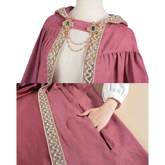 Medieval-Style Hooded Cape Costume, Celtic Knot & Satin Trim, Adjustable Tie-Front Closure, Renaissance Faire Outfit for Renaissance Festival Cosplay Themed Parties, Beige Pink Dark Green Burgundy