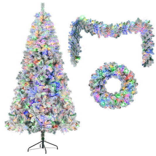 RIDFY 6FT Snow Flocked Christmas Tree, Pre-Lit Set with Tree & Garland & Wreath, Artificial Hinged Xmas Tree with Colorful LED Lights, 8 Lighting Modes, Pine Cones, Holiday Decor for Home SS69