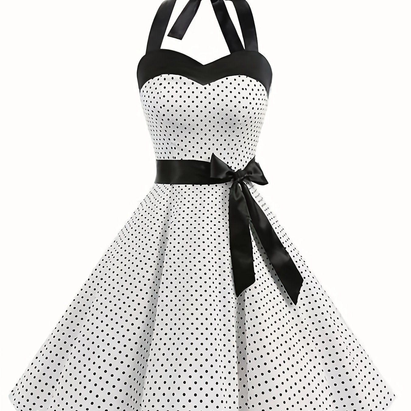 Elegant Retro Polka Dot Dress for Women with Ribbon Waist - Halter Neck, A-Line Skirt, Machine Washable, Polyester - Black & White, Perfect for Spring/Summer/Fall Events SS69 25.69 White / XXL