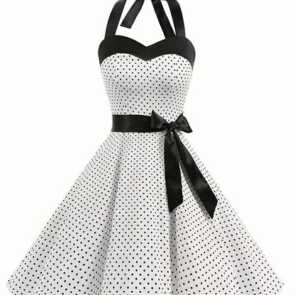 Elegant Retro Polka Dot Dress for Women with Ribbon Waist - Halter Neck, A-Line Skirt, Machine Washable, Polyester - Black & White, Perfect for Spring/Summer/Fall Events SS69 25.69 White / XXL