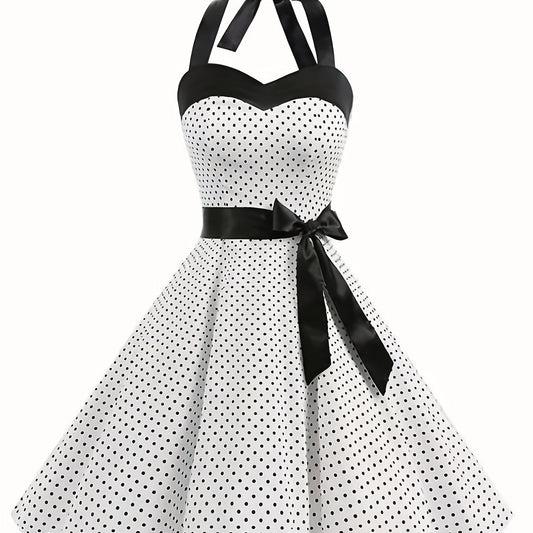 Elegant Retro Polka Dot Dress for Women with Ribbon Waist - Halter Neck, A-Line Skirt, Machine Washable, Polyester - Black & White, Perfect for Spring/Summer/Fall Events SS69 25.69 White / XXL