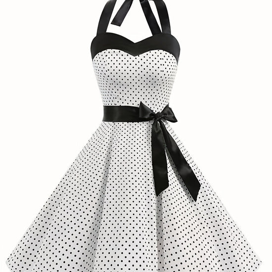Elegant Retro Polka Dot Dress for Women with Ribbon Waist - Halter Neck, A-Line Skirt, Machine Washable, Polyester - Black & White, Perfect for Spring/Summer/Fall Events SS69 25.69 White / XXL