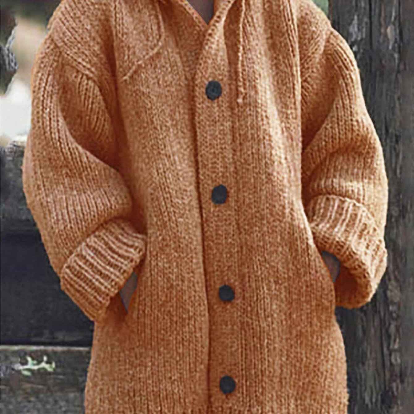 Plus Size, Plus Size Elegant Hooded Cardigan Jacket - 100% Winter Sweater Coat with Front Button Closure, Hooded Long Sweater Jacket Suitable for Fall/Winter, Brown/Navy/Red - Casual & Formal Wear, Machine Washable Cozy Outer
