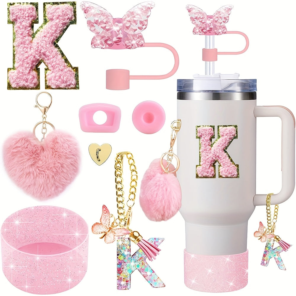 8pcs Cup Accessories for Cup 30oz 40oz Includes Butterfly Straw Cover Cap Silicone Boot Alphabet Handle Charm Initials Sticker 2pcs Spill Proof Stopper Heart Hook Love Plush Ball, Best for Christmas, Perfect for Thanksgiving SS69